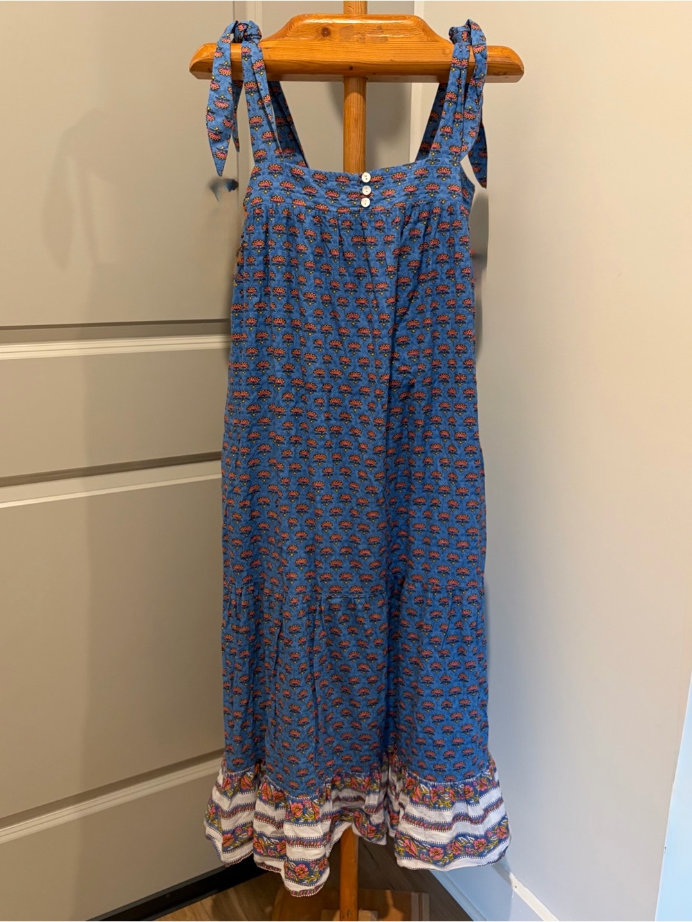 Cleobella India Lotus Blue Floral  Print Tie-Shoulder Dress Tiered Pockets Small